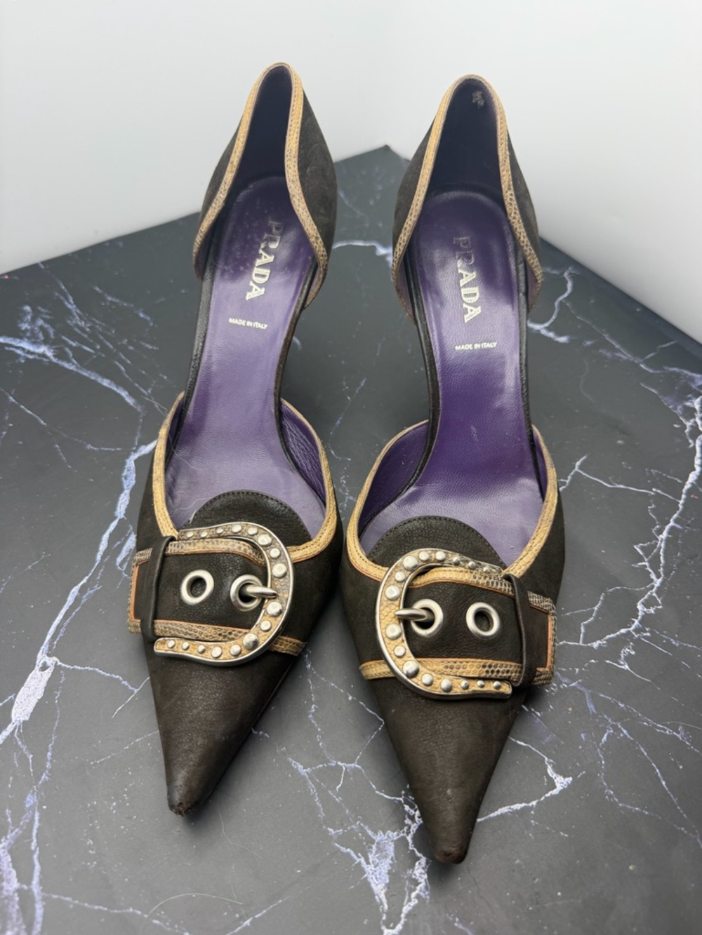 Prada Black Pointed-Toe Buckle Pumps with Purple Insole